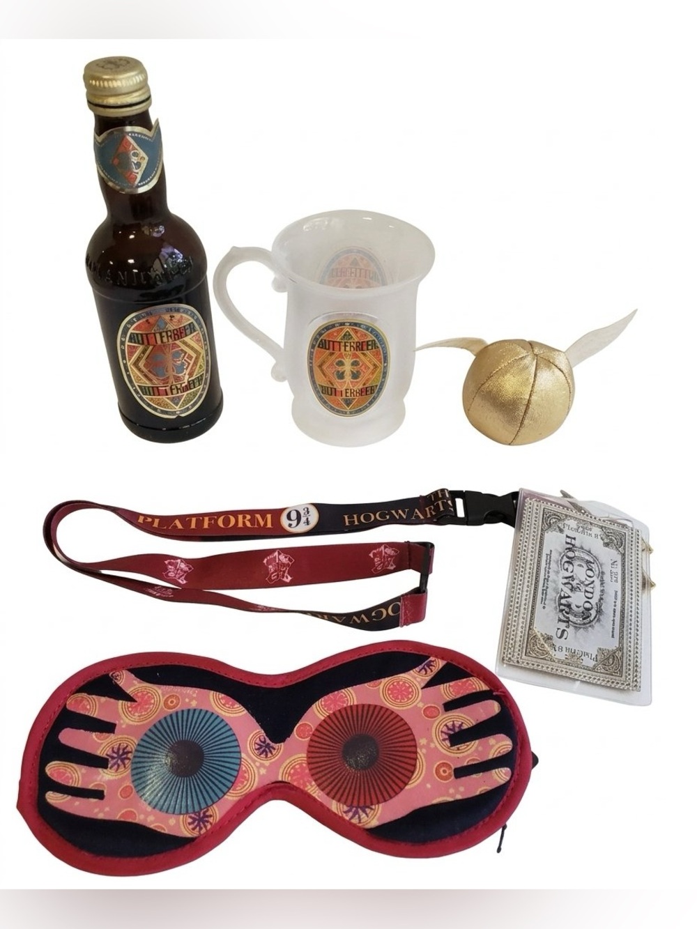 Harry Potter Butterbeer Mug, Gold Snitch, Lanyard & Luna Lovegood Sleep Mask